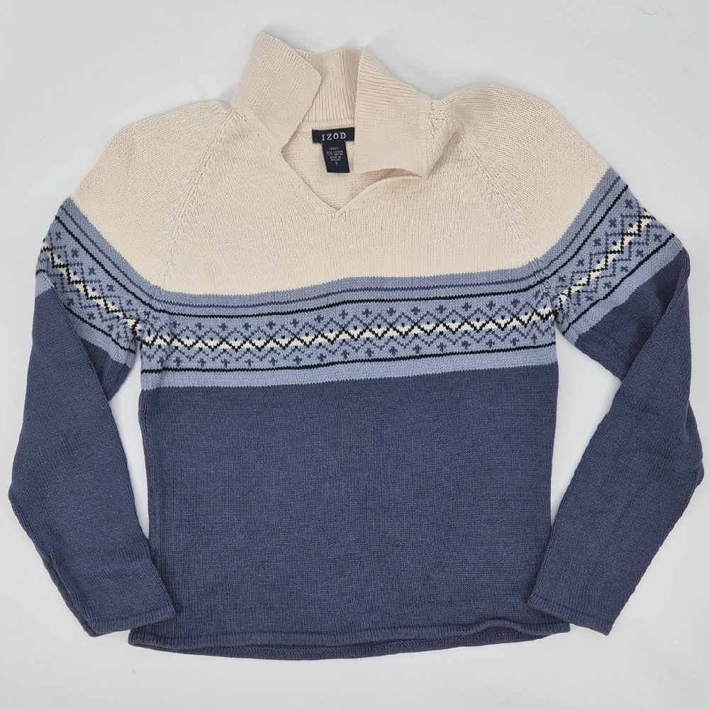 Y2K IZOD Collared Knit Sweater Cream‎ Blue Cotton Preppy Pullover